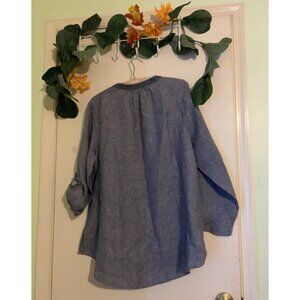 Artisan NY 1X 100% Linen Tunic Top Blue Long Sleeve Embroidered Boho Peasant Blo